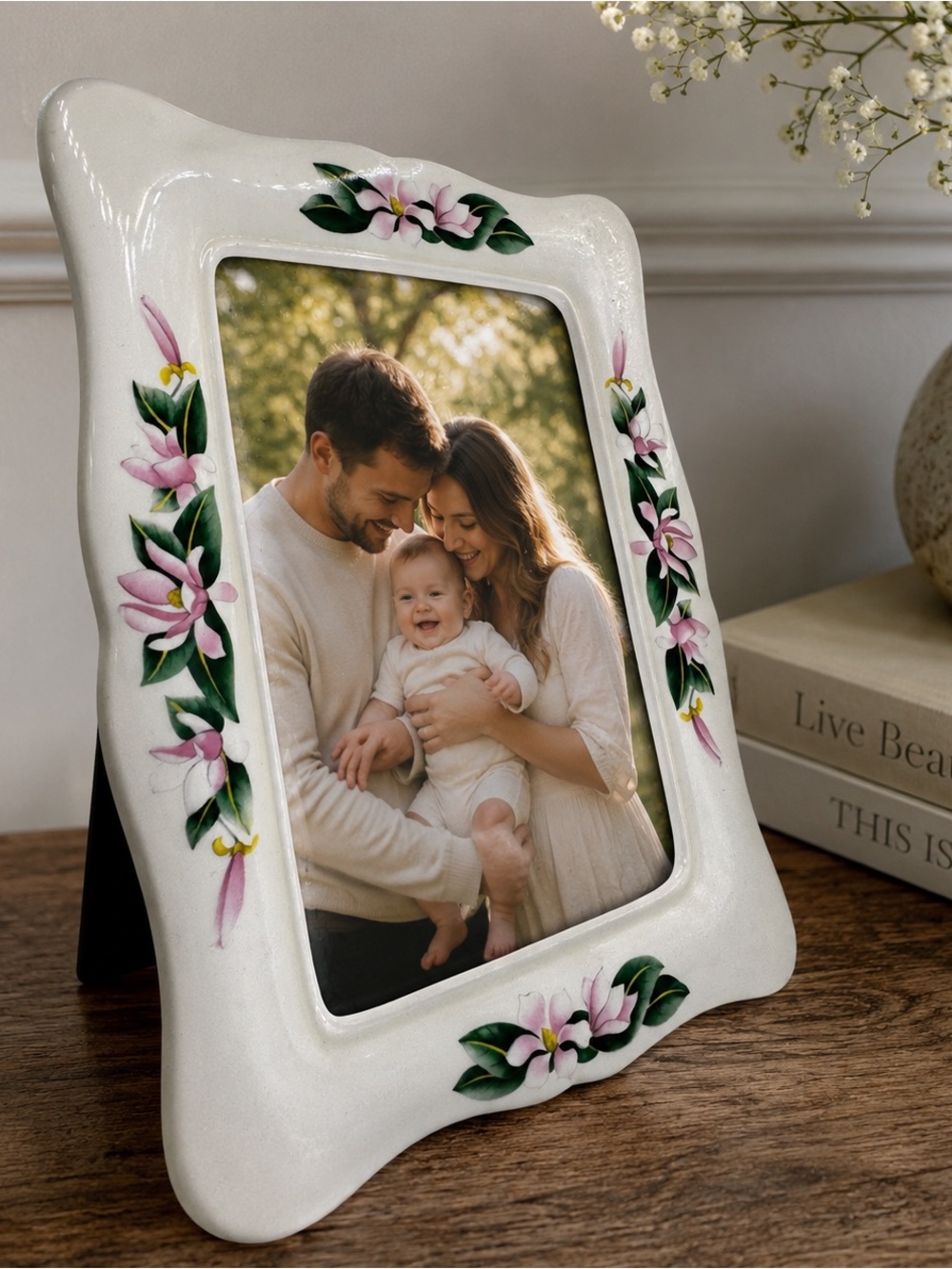 Hand-Painted White Ceramic Floral Picture Frame